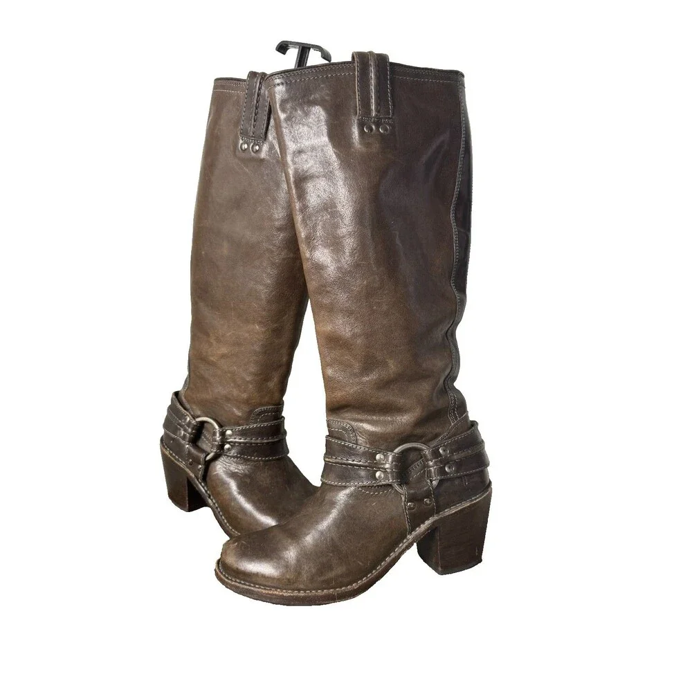 Frye Carmen Harness Tall Boots Women’s 7 B Brown Leather Moto Riding Western
